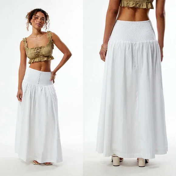 WEWOREWHAT Drop Waist Maxi Skirt White Cotton Poplin Smocked Back Size Small NWT - Picture 2 of 14